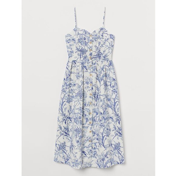 H&M Linen Blend Midi Dress Blue Cream Print - Picture 1 of 10